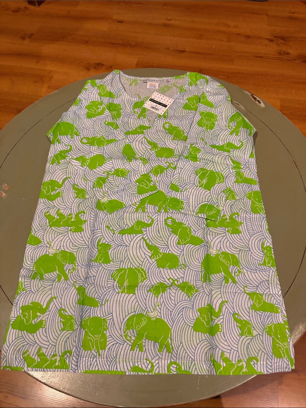 Gretchen Scott Designs White Nightgown with Bright Green Elephant Print